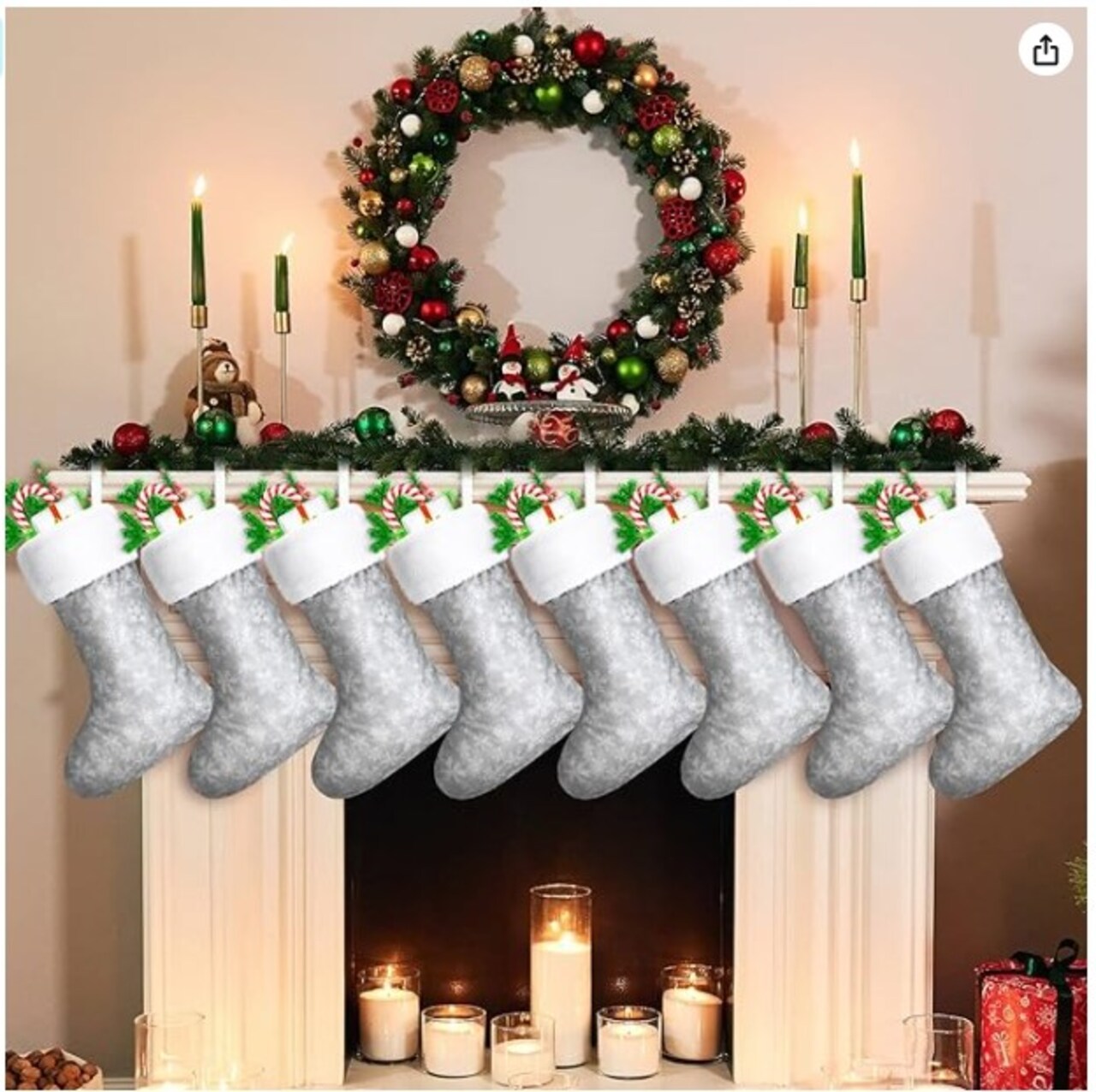 8 Pack Large Grey and White Christmas Stockings Decorations with Plush Faux Fur Cuff 15 Inch Xmas Family Socks for Christmas Family Holiday Party Decor